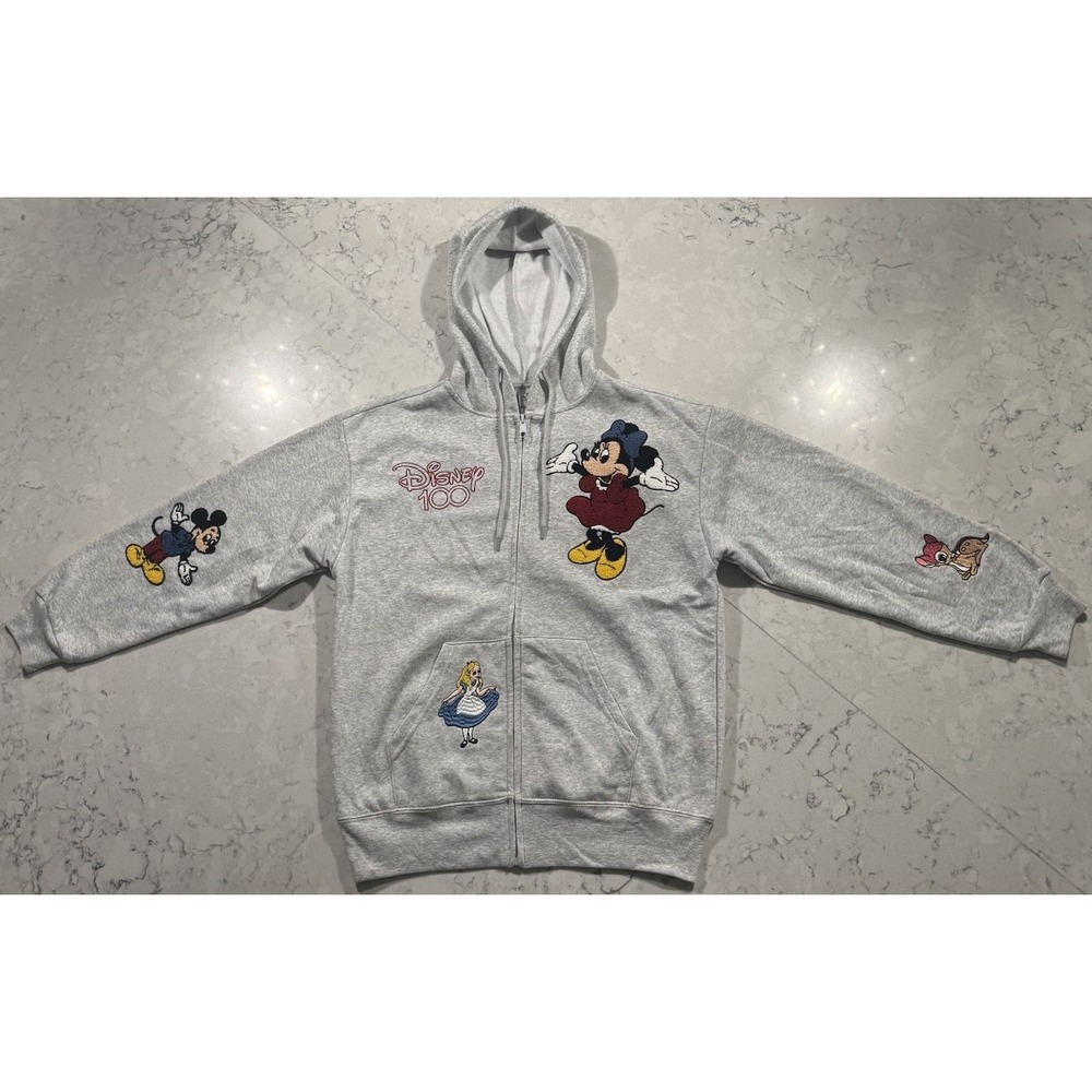 Disney 100 Character Hoodie Womens Small Gray Full Zip Mickey Minnie Alice Bambi